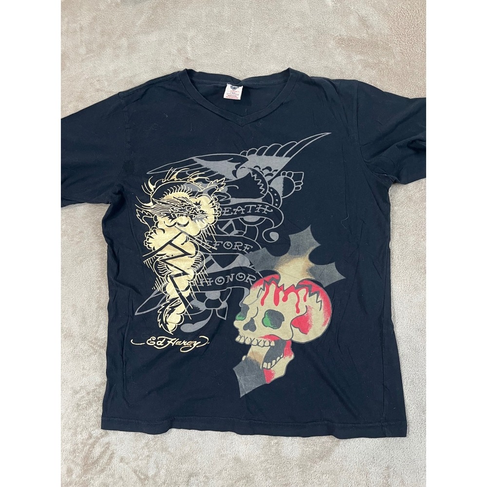 Ed Hardy by Christian Audigier T-Shirt Size 2XL Black Cotton Crew-neck S/S EUC